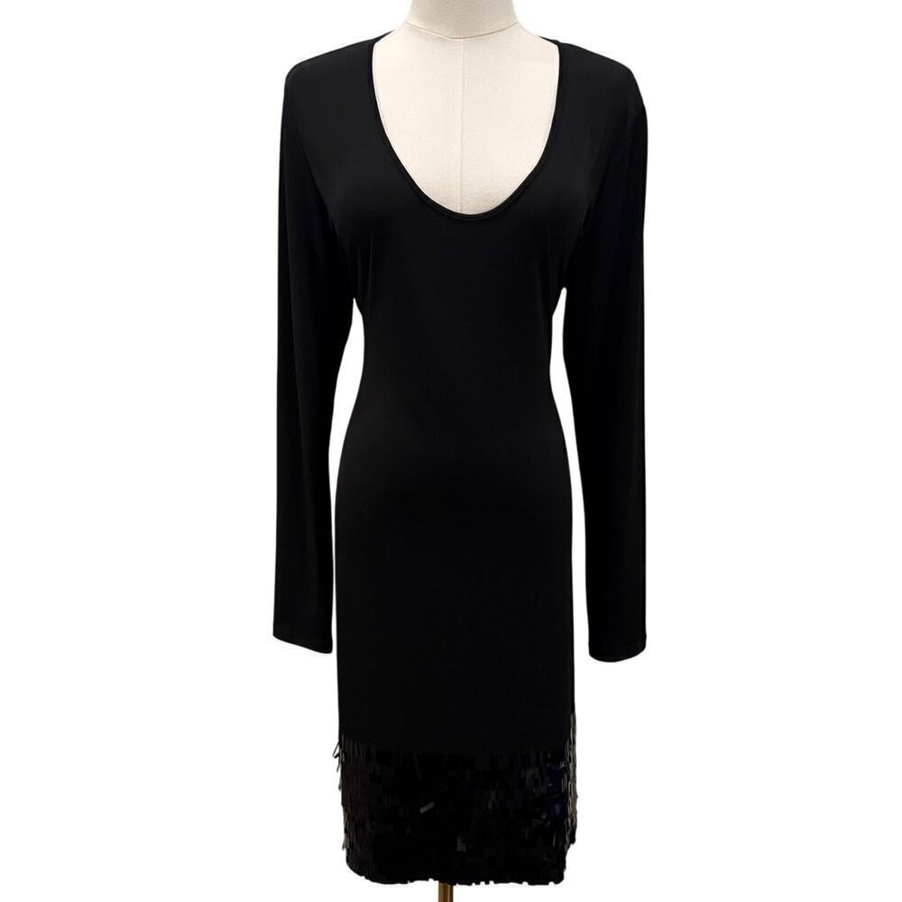Clavin Klein Black Long Sleeve Midi Dress Sequin Hem 14 Cocktail Elegant Sexy